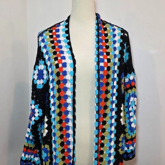 POL Boho Crochet Granny Square Long Kimono Cardigan Multicolor 0S - Picture 4 of 10